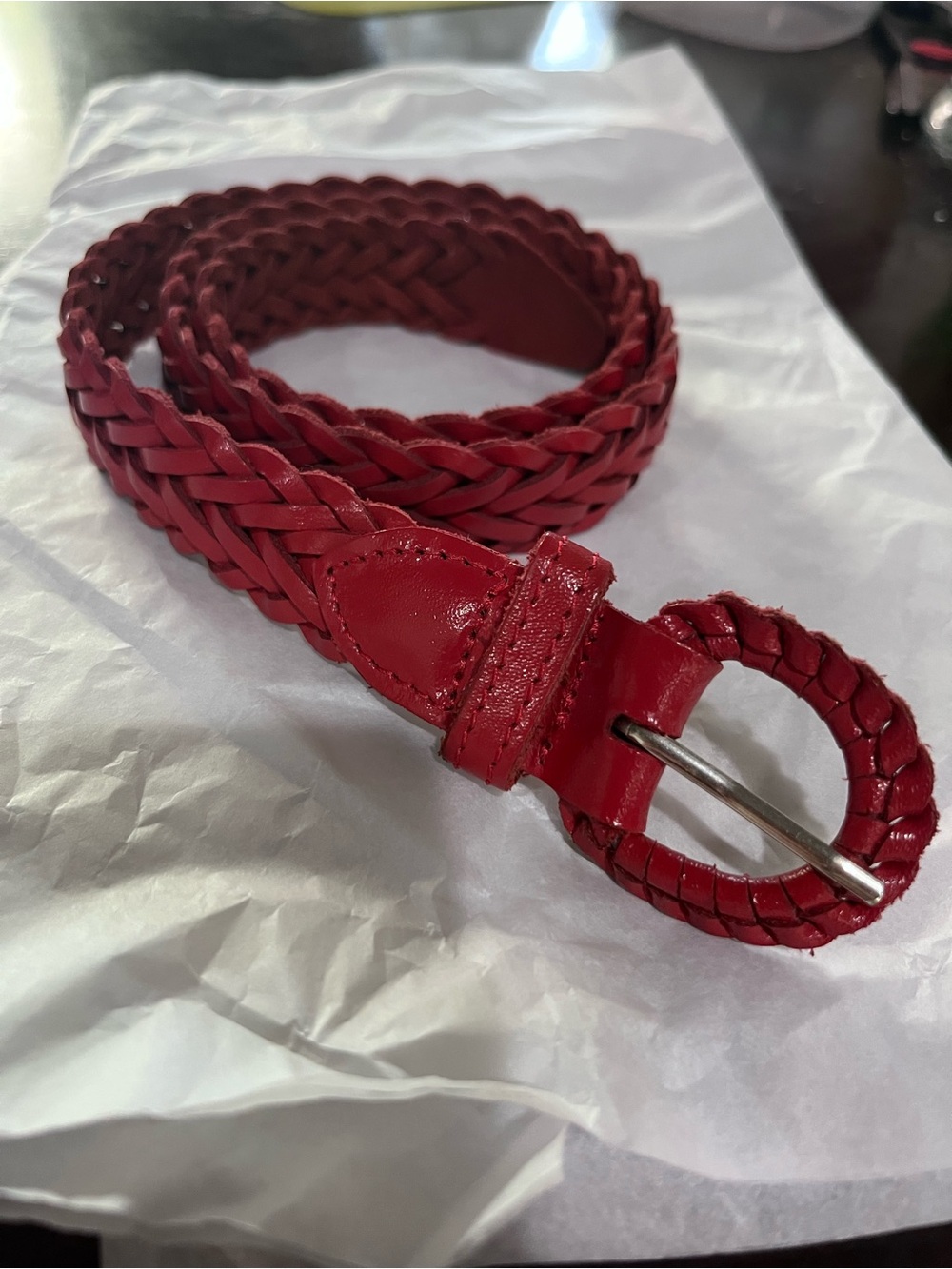 Red Braided Genuine Leather Women’s Belt S/M Woven Boho